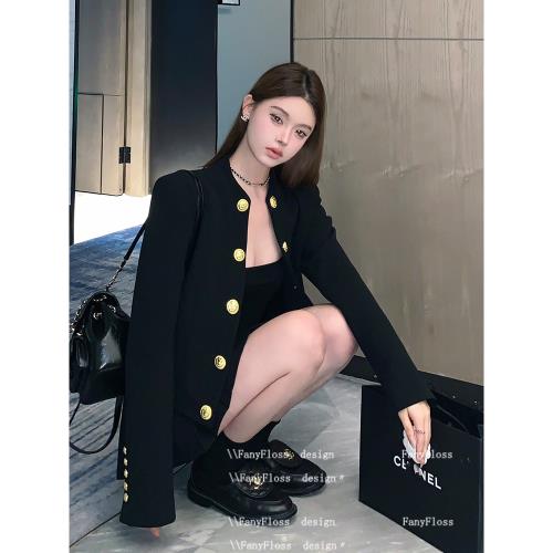 (免運)FanyFloss小香風白色粗花呢圓領顯瘦西裝外套女金扣羊毛短款開衫