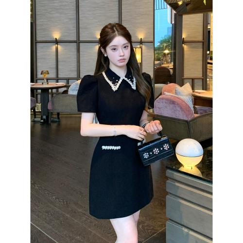 (免運)FFmiss◆小香風洋氣翻領釘珠收腰連衣裙女夏泡泡袖鑲鉆聚會禮服裙