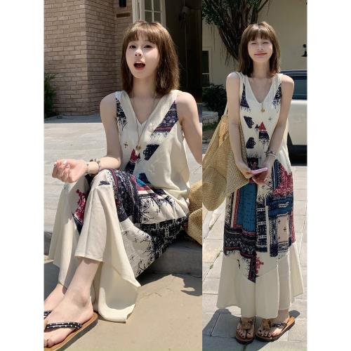 (免運)MZ原創/復古印花氣質V領無袖背心連衣褲女夏清涼海島風連體闊腿褲