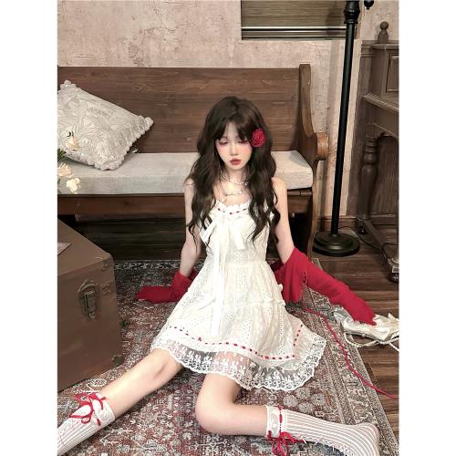 (免運)Bull0313【一個叁】夢境芭蕾少女白色蕾絲鏤空甜美吊帶連衣裙短夏