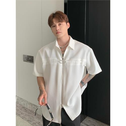 (免運)【明星同款】cuibuju 華夫格設計拉鏈襯衫韓版金屬痞帥短袖襯衣