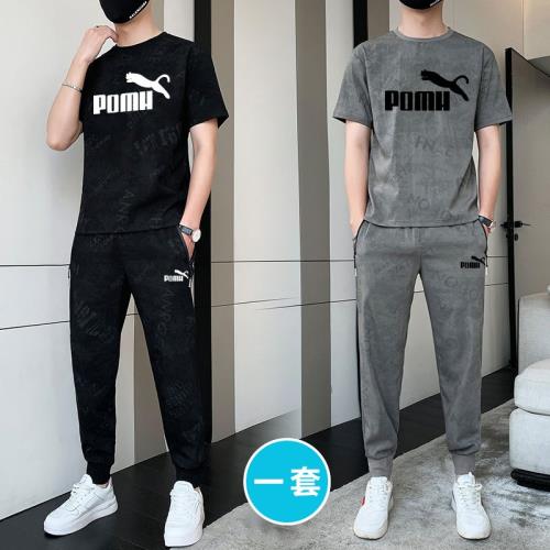 (免運)休閑運動套裝男夏季薄款冰絲圓領短袖t恤長褲搭配一套帥氣兩件套