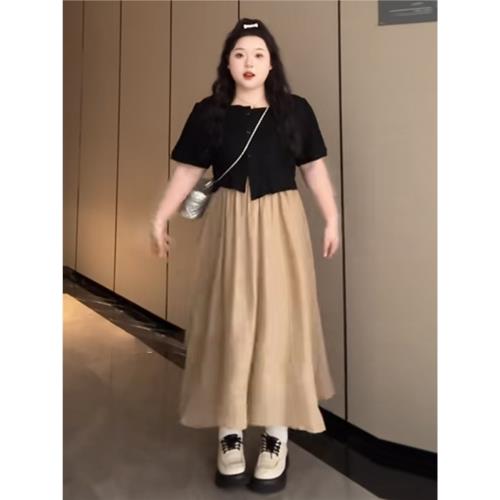 (免運)大碼高腰遮胯復古氣質連衣裙夏季微胖mm洋氣減齡溫柔淑女顯瘦裙子