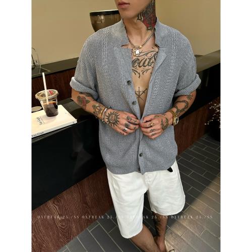 (免運)OXFREAK「編織絞花 老錢風」古巴領針織短袖襯衫男寬松高級感襯衣