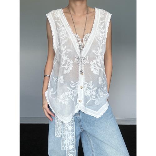 (免運)尢系UXI 白色復古蕾絲鉤花刺繡工藝小眾寬松顯瘦疊穿搭配背心馬甲