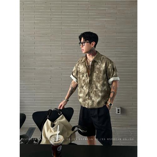 (免運)OXFREAK「亞麻天絲 扎染漸變」老錢短袖襯衫男設計感小眾翻領襯衣