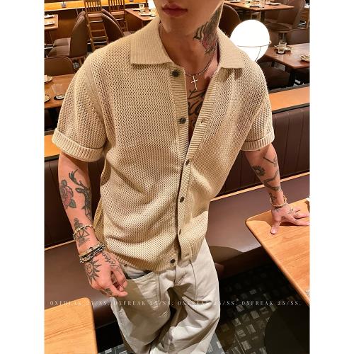 (免運)OXFREAK 「15%羊毛 手工編織」一字領老錢風襯衫男短袖高級感襯衣