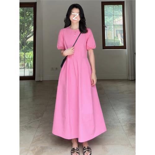 (免運)設計感法式溫柔圓領泡泡袖連衣裙女夏季新款收腰顯瘦氣質減齡長裙