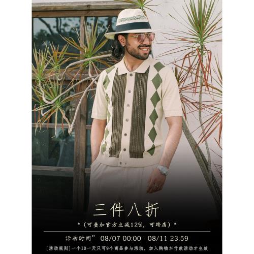 (免運)SOARIN英式常青藤拼接針織polo衫男 老錢風菱形格休閑條紋短袖T恤