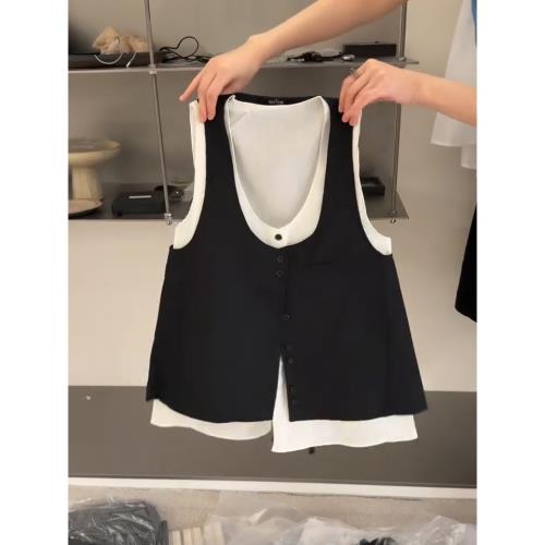 (免運)韓系撞色拼接兩件套背心女2025年夏季新款設計感修身顯瘦無袖上衣