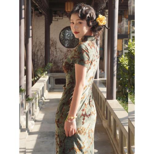 (免運)俏娘魚墨綠復古風短袖旗袍2025年春季新款改良新中式老上海日常穿