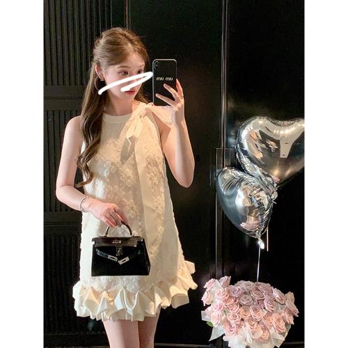 (免運)FFmiss◆輕奢鑲鉆蝴蝶結花朵連衣裙女夏名媛寬松腰亮片網紗蓬蓬裙