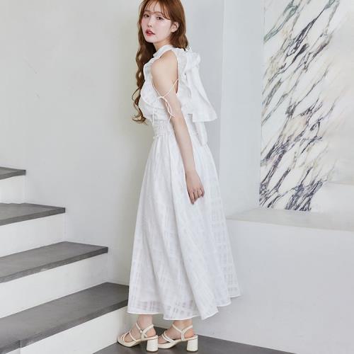 (免運)NC0606 周末梨香 立領荷葉邊系帶蝴蝶結連衣裙 25夏季 女