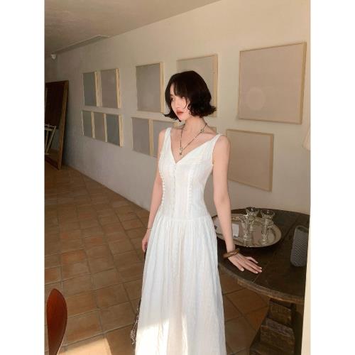 (免運)酒午自制【云夢舞】法式復古夏季吊帶翻領設計高腰顯瘦長款連衣裙