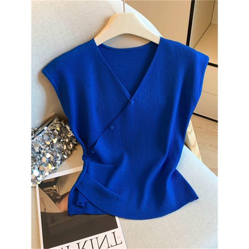 (免運)深圳南油高端折扣女裝克萊因藍色V領冰絲T恤上衣夏季設計感針織衫