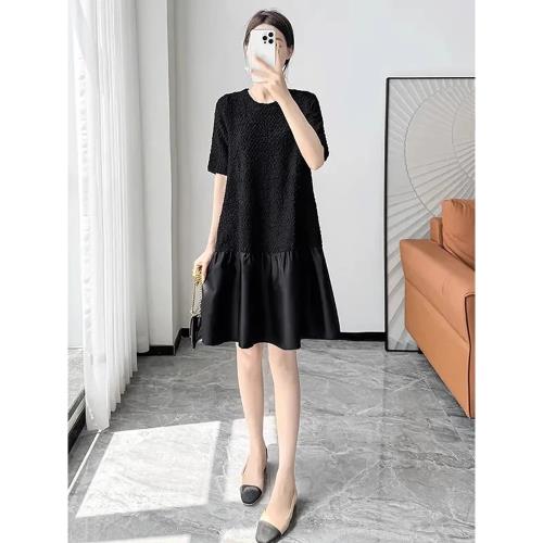 (免運)法式赫本風黑色連衣裙女夏季大碼胖mm高級感獨特絕美拼接短款裙子