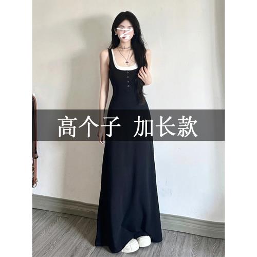 (免運)高個子172加長版假兩件黑色吊帶連衣裙法式氣質收腰顯瘦背心長裙