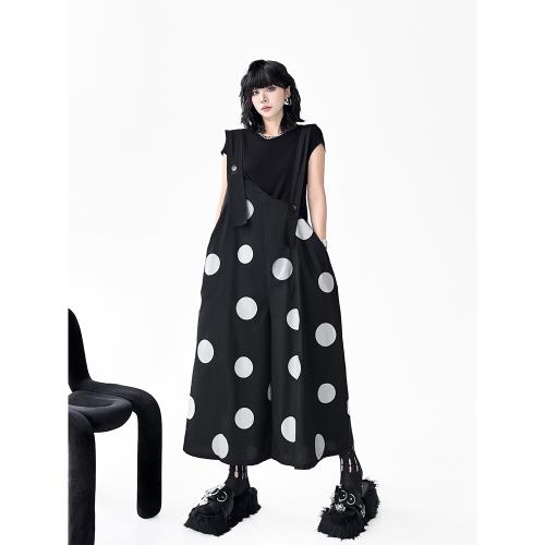 (免運)港風小眾設計感波點印花背帶褲女2026春夏新款時尚寬松顯瘦闊腿褲