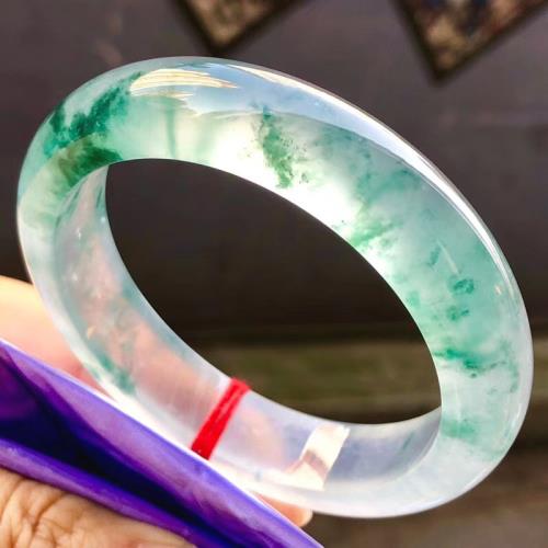 天然老坑緬甸冰種飄花翡翠手鐲飄綠花正圈玉鐲女款專柜通透玉手鐲