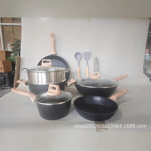 跨境12件套黑色麥飯石不粘鍋家用鍋具套裝煎炒鍋湯鍋套裝鋁鍋外貿