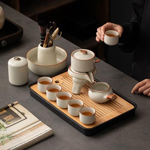 汝窯茶具套裝家用辦公石磨懶人自動泡茶神器功夫茶杯茶盤整套茶具|咖啡