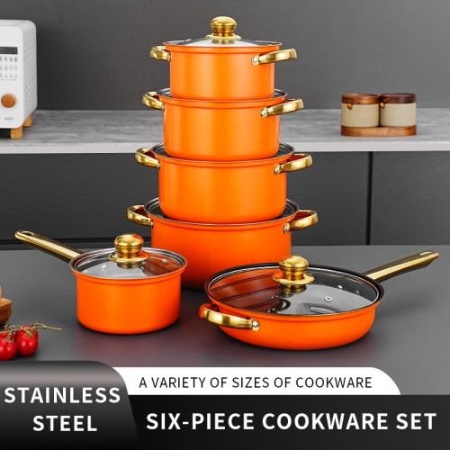 cookware set pots跨境12件套彩色不銹鋼套鍋不粘鍋鍍金鍋具套組