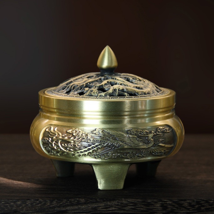 銅製 龍鳳暖手炉 香炉 室内檀香炉 香道具 装飾品 工芸品 置物 工廠直銷黃銅精雕三足爐龍鳳雕花檀香爐熏香爐家用辦公室香道香爐|禮儀