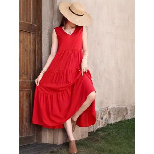 跨境外貿2025新款優雅假日純色V領分層拼接下擺寬松連衣裙 蛋糕裙