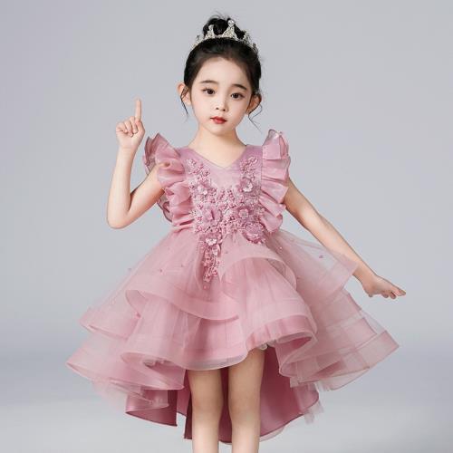 女童禮服夏季小飛袖連衣裙拖尾款網紗蓬蓬裙公主裙甜美豆沙色長裙