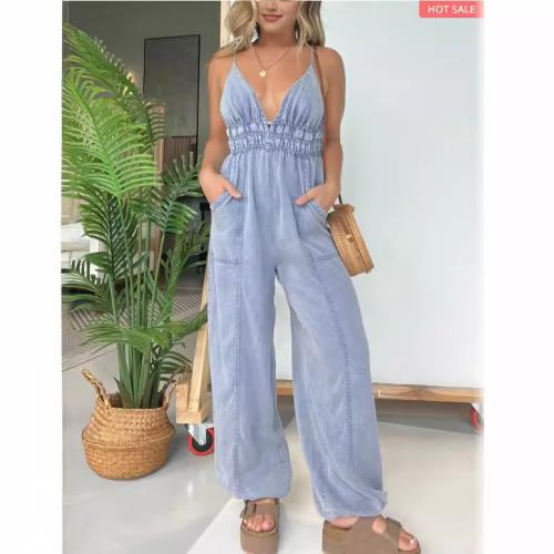 夏秋季跨境休閑時尚連體褲可調節松緊腰寬松褲腿束腳褲