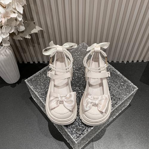 英倫風粗跟瑪麗珍鞋女2025串珠蝴蝶結小皮鞋單鞋復古風低幫