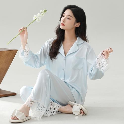 2025鹿好春秋季蕾絲鏤空套裝冰絲睡衣法式長袖純色家居套裝可刺繡