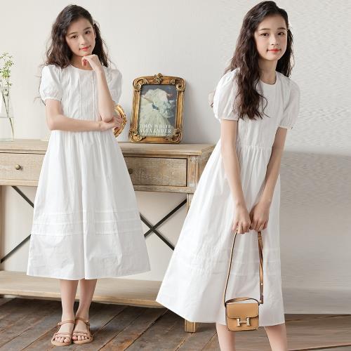女童夏裝連衣裙夏季裙子大童裝白色泡泡袖蕾絲公主連衣裙短袖裙子