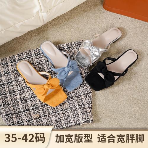 大碼胖腳法式蝴蝶結方頭平底露趾拖鞋夏季新款平跟腳蹬百搭女鞋