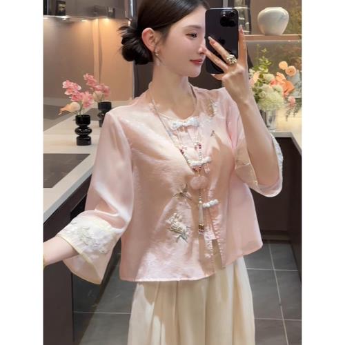 夏季新中式復古對襟盤扣重工刺繡上衣小個子百搭防曬外套