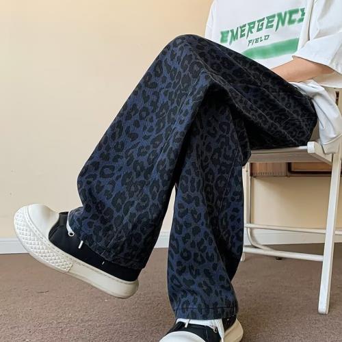 夏季薄款豹紋牛仔褲男直筒復古休閑潮牌日系痞帥高街運動水洗褲子