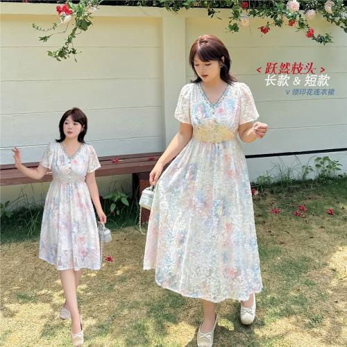 k3053大碼女裝連衣裙2025夏款花邊織帶浪漫主義油畫感提花裙子