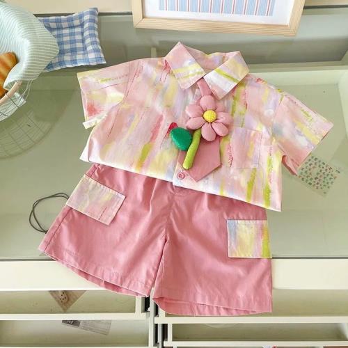 兒童套裝夏季新款花朵領帶襯衫多巴胺寬松短褲套裝男孩寶寶霸王花