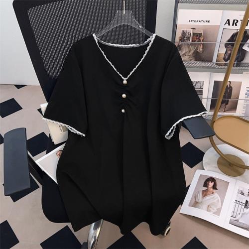 V領新款加肥加大碼顯瘦寬松中長款短袖T恤女200/300/350斤7113