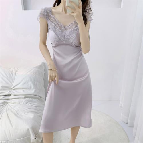 2025新款睡衣女夏季冰絲性感蕾絲帶胸墊吊帶中裙睡裙純欲風家居服