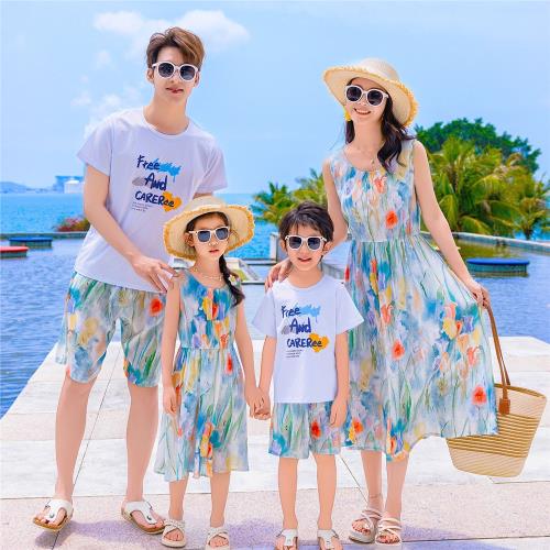 2025夏季新款兩件套花卉長裙親子裝沙灘款一家四口夏季休閑套裝