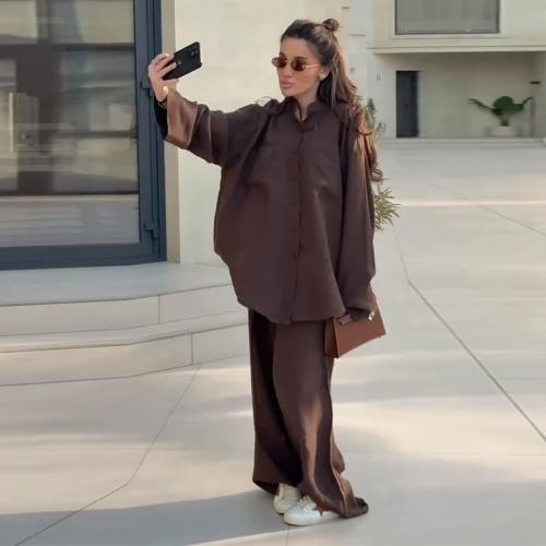 休閑純色褲套裝寬松翻領單排扣襯衫闊腿褲2025夏季女士時尚服裝