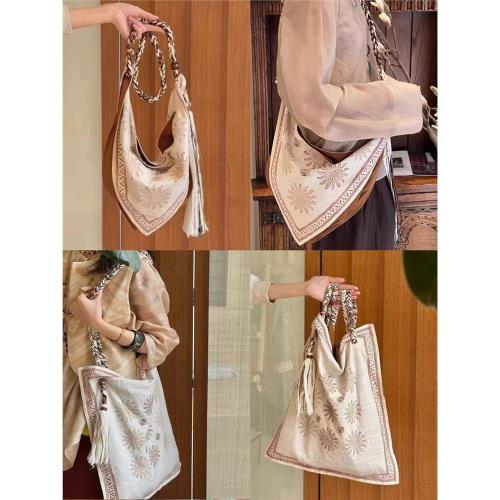 波西米亞度假大容量手工麻布編織單肩包小眾設計感通勤百搭斜挎包