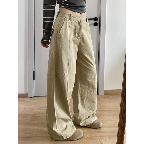 入秋神褲！搭遍衣柜所有~水洗棉卡其色工裝闊腿休閑褲拼接彎刀褲