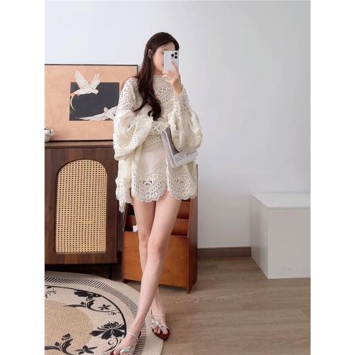 長袖亞麻真絲襯衫早秋新款赫本風法式小眾上衣白色重工泡泡袖襯衣