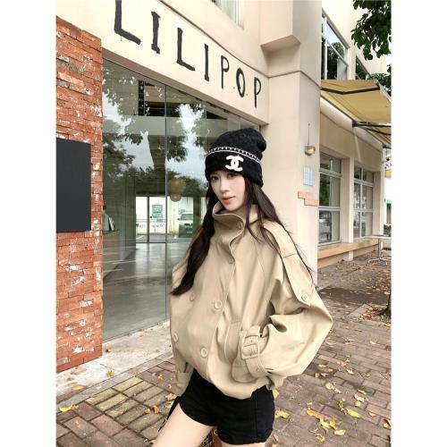 英倫風氣質立領風衣女裝秋冬高級感雙排扣卡其色外套寬松短款上衣