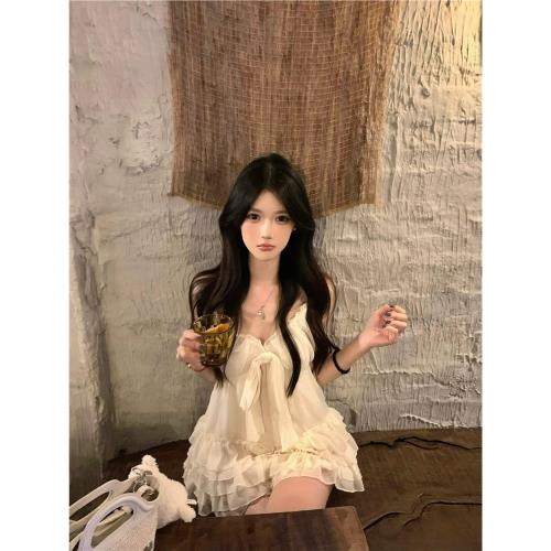 Frequency山雞 原創蝴蝶結杏色雪紡衫女夏薄款氛圍感純欲吊帶上衣