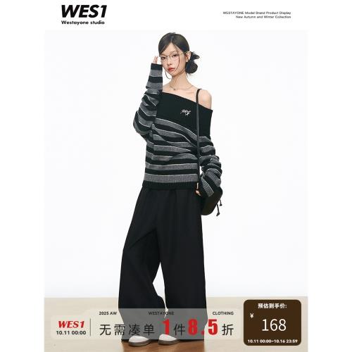 8.10新品WESTAYONE 條紋一字肩毛衣上衣女慵懶風+黑色西裝闊腿褲