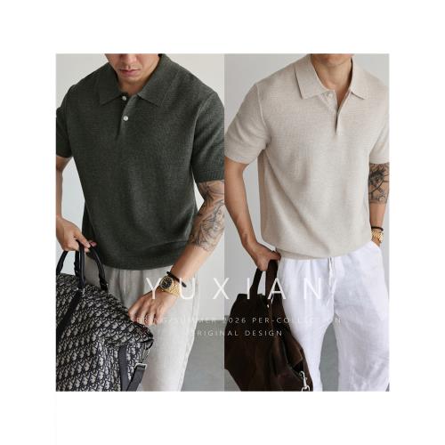 【天絲亞麻】意式老錢透氣亞麻翻領針織短袖休閑商務T恤男士春夏