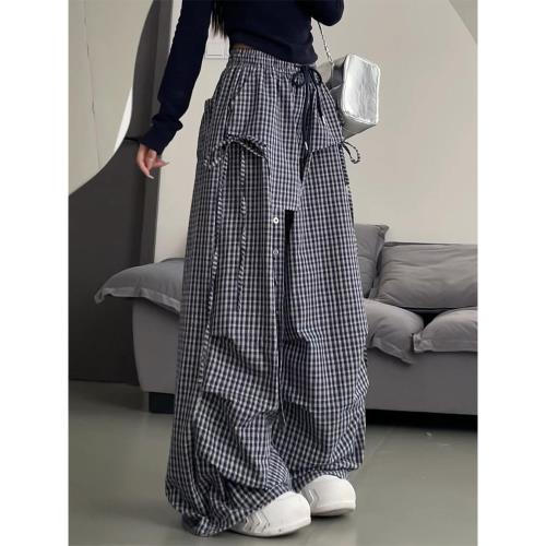 美式屁簾格子工裝褲女秋季款設計感高腰垂感休閑寬松運動闊腿褲子